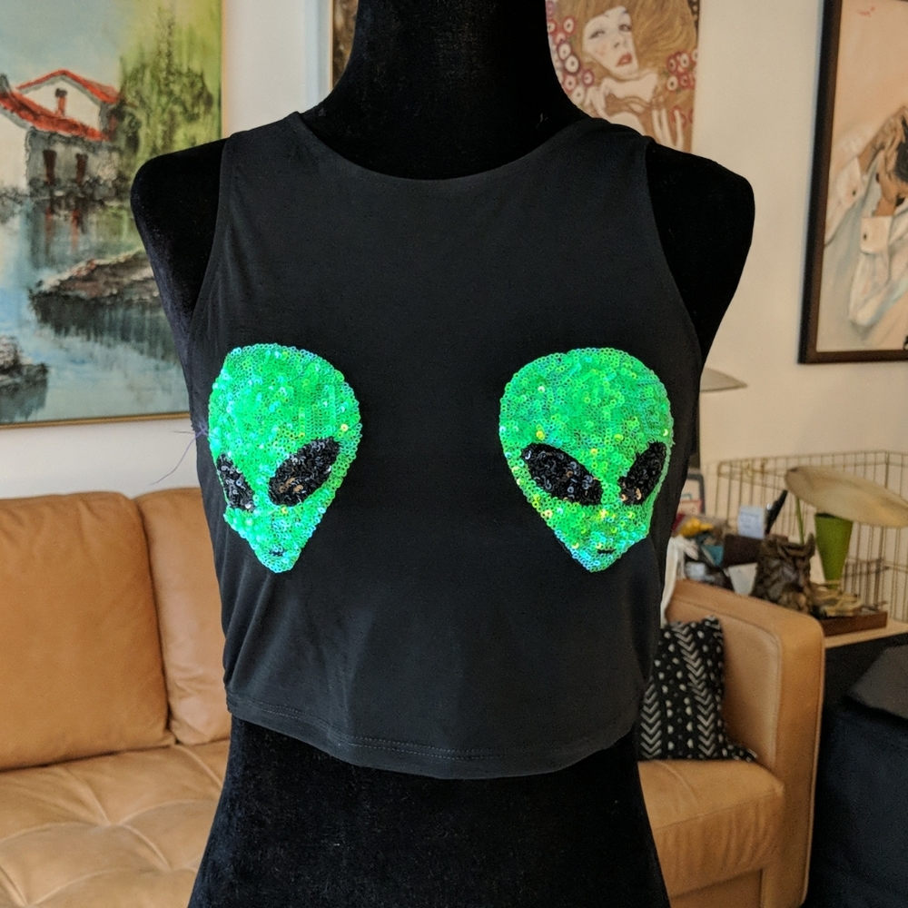 Alien Sequin Mesh Crop Top s sx